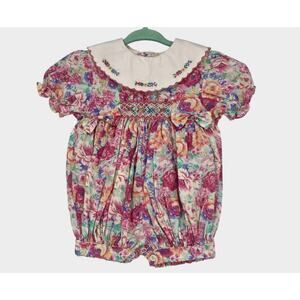 Allison Ann VTG Pink Floral Smocked Bubble One Piece Embroidered with bows 6-9m